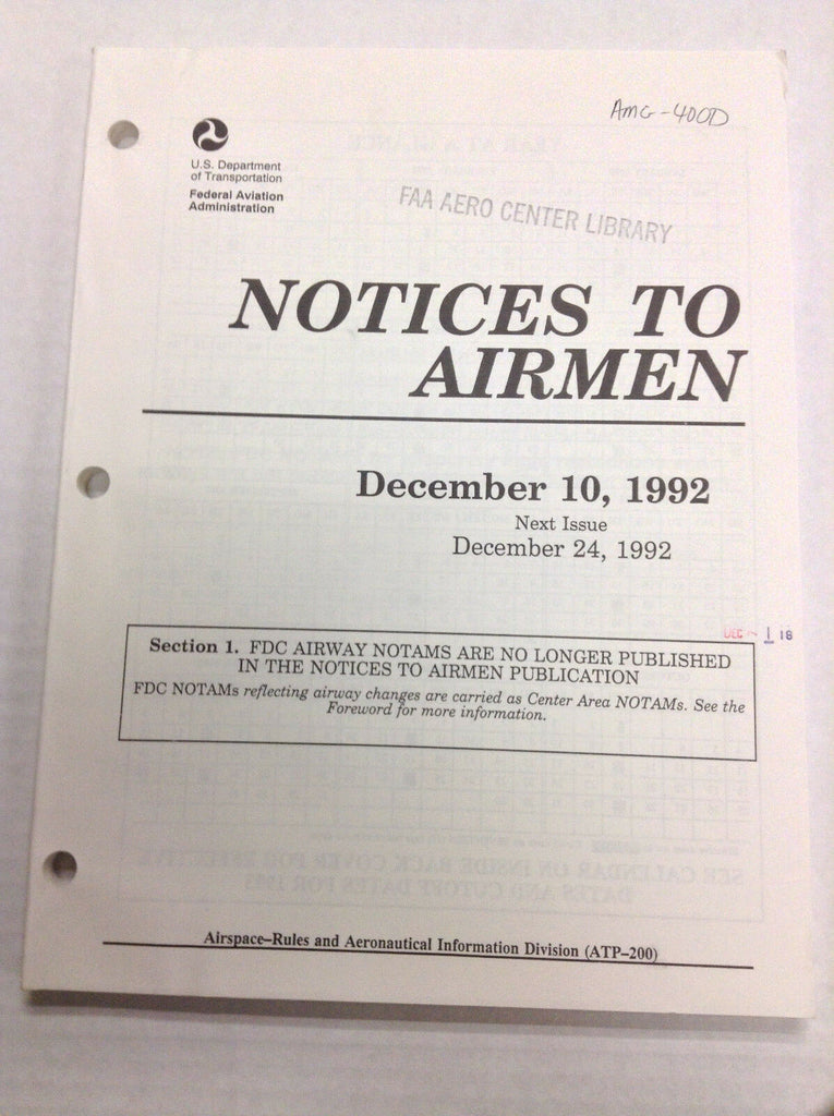 Notices To Airmen Magazine FDC Airways December 10, 1992 022217R