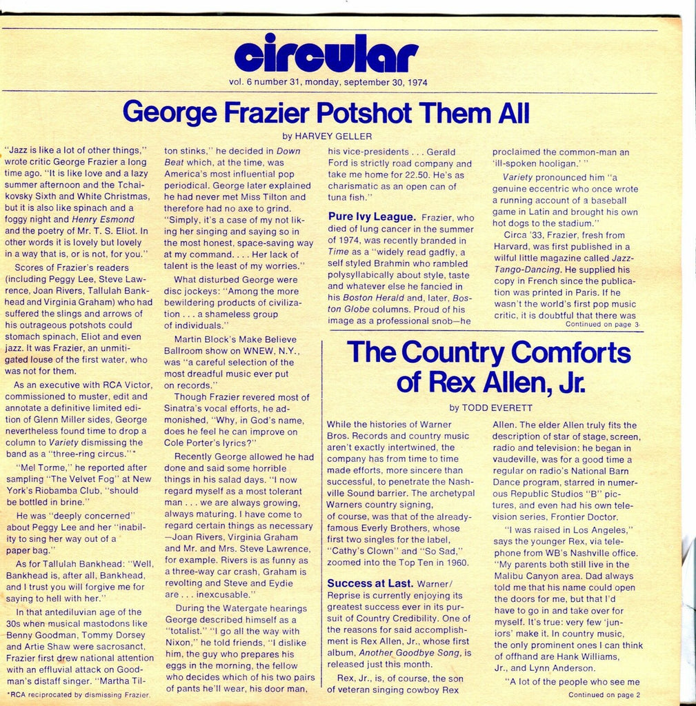 Circular Music Magazine September 30 1974 George Frazier EX 021917jhe