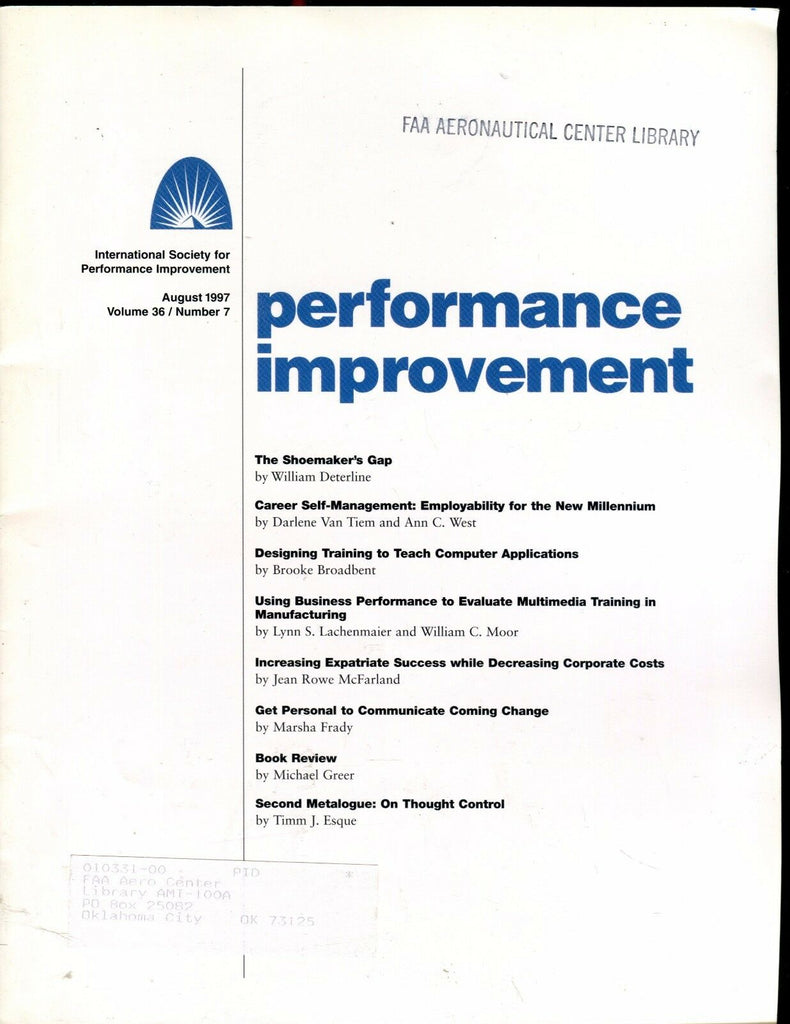 Performance Improvement Magazine August 1997 FAA EX w/ML 022417nonjhe