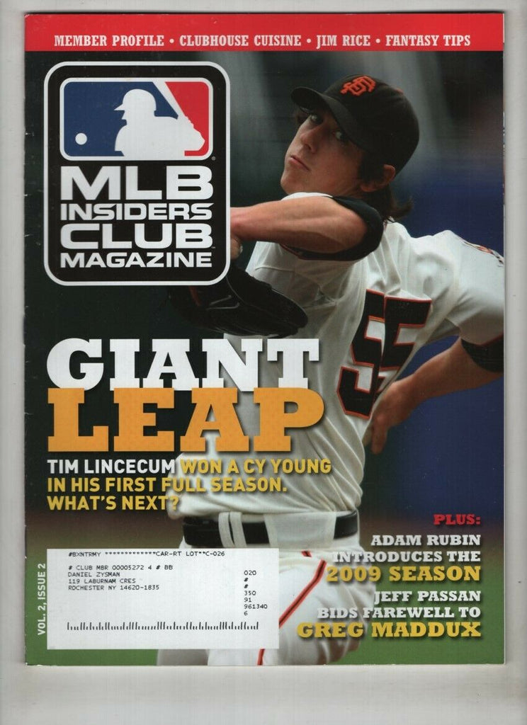 MLB Insider's Club Magazine Tim Lincecum Jim Rice Vol.2 No.2 2009 021721nonr