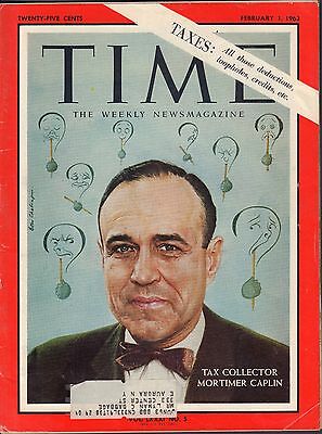 Time Magazine February 1 1963 Marimer Caplin, Taxes w/ML VG 090816DBE