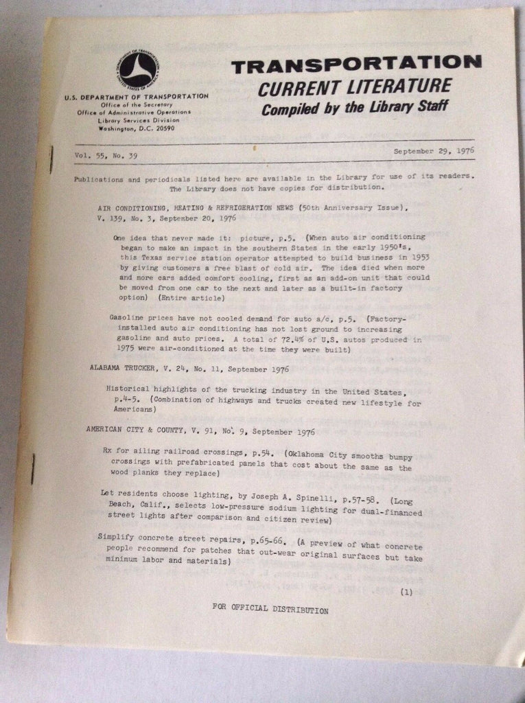 Transportation Current Magazine A/C September 29, 1976 FAL 050517nonrh