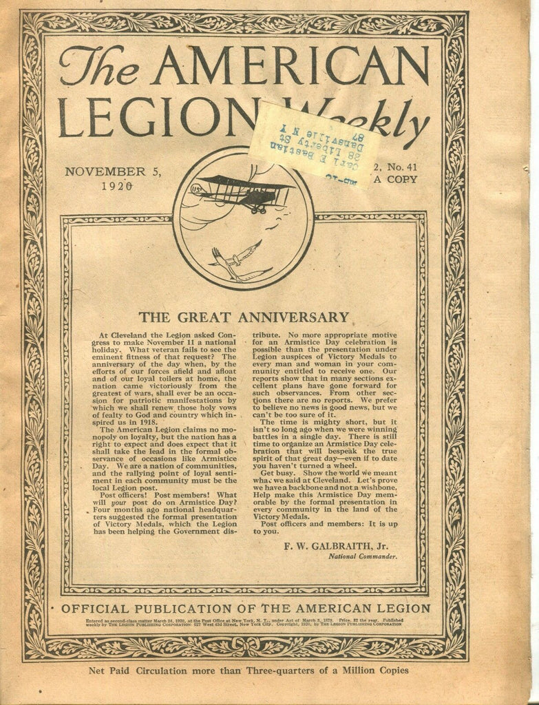 The American Legion Weekly Magazine November 5 1920 VG w/ML 061317nonjhe