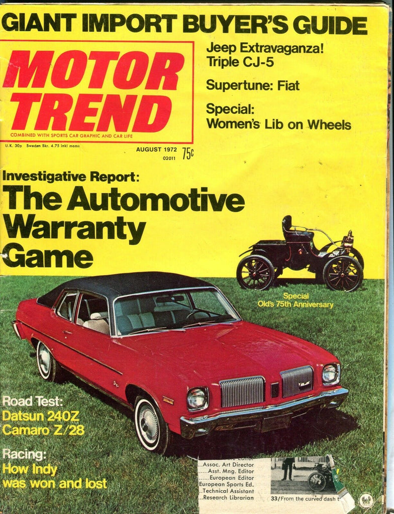 Motor Trend Magazine August 1972 Automotive Warranty Game ACC 091916jhe