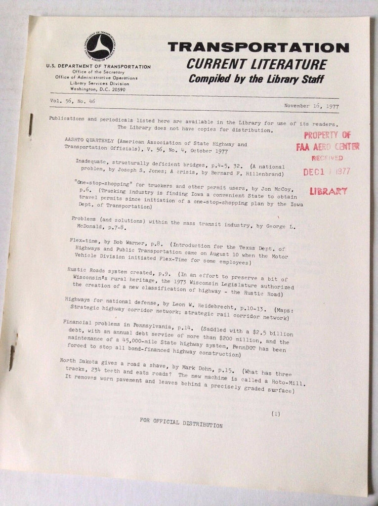 Transportation Current Literature Magazine November 16, 1977 FAL 050517nonrh