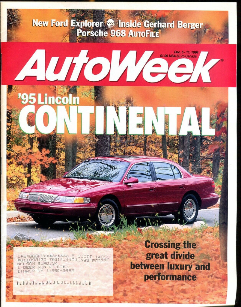 AutoWeek Magazine December 5 1994 '95 Lincoln Continental EX w/ML 022417nonjhe