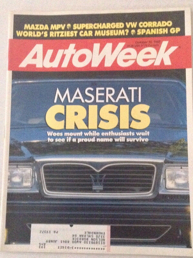 Autoweek Magazine Maserati Crisis Mazda MPV October 10, 1988 011717RH