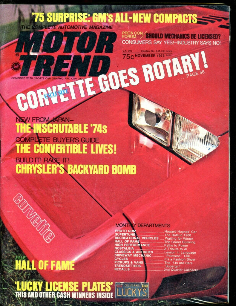 Motor Trend Magazine November 1973 Corvette EX No ML 011217jhe