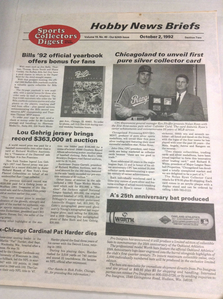 Sports Collector's Digest Magazine Chicagoland October 2, 1992 061317nonr2