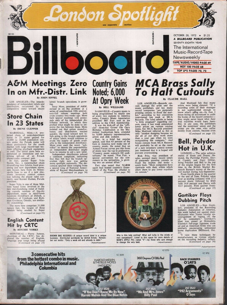 Billboard October 28 1972 Moms Apple Pie, Brown Bag Records w/ML 062817nonDBE
