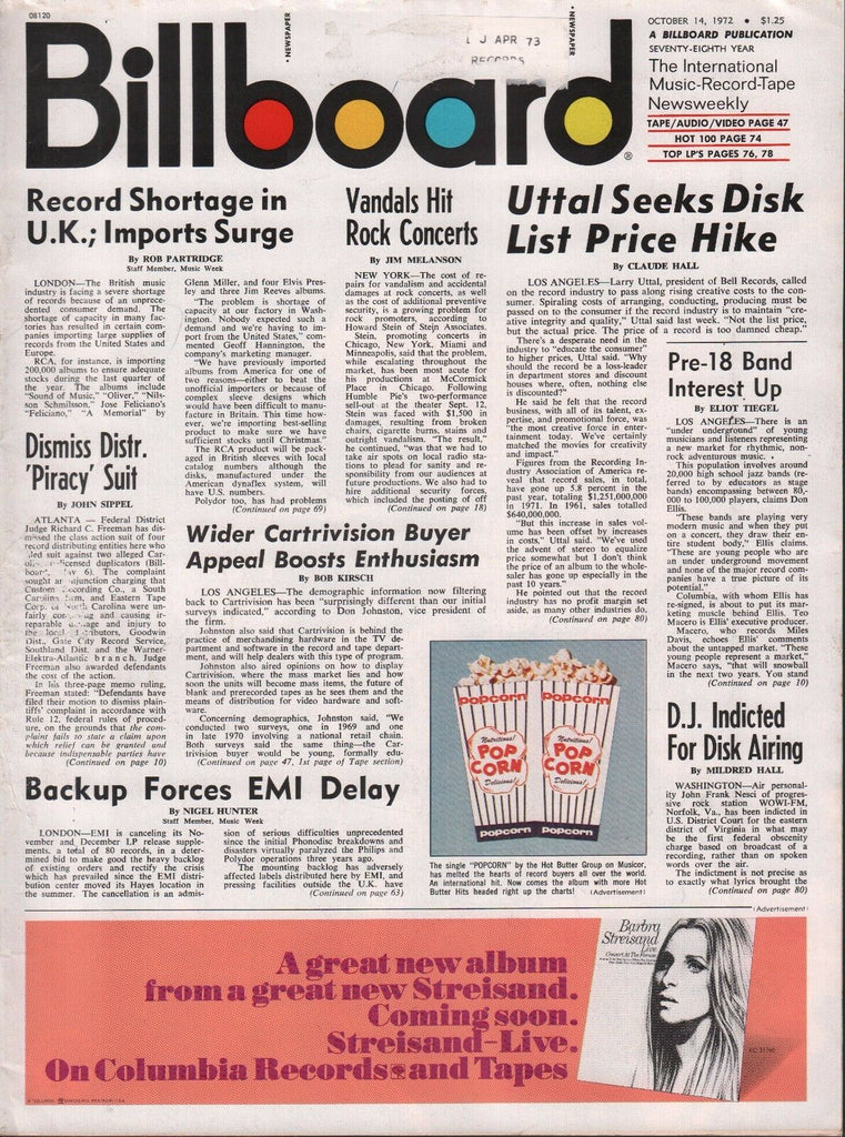 Billboard April 1973 Barbra Streisand, Vandals 062817nonDBE