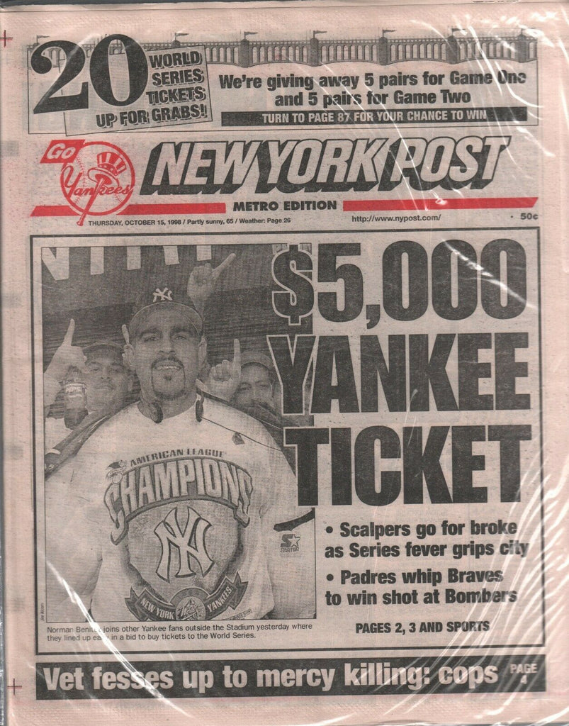 New York Post October 15 1998 New York Yankees Tickets Padres 020320AME