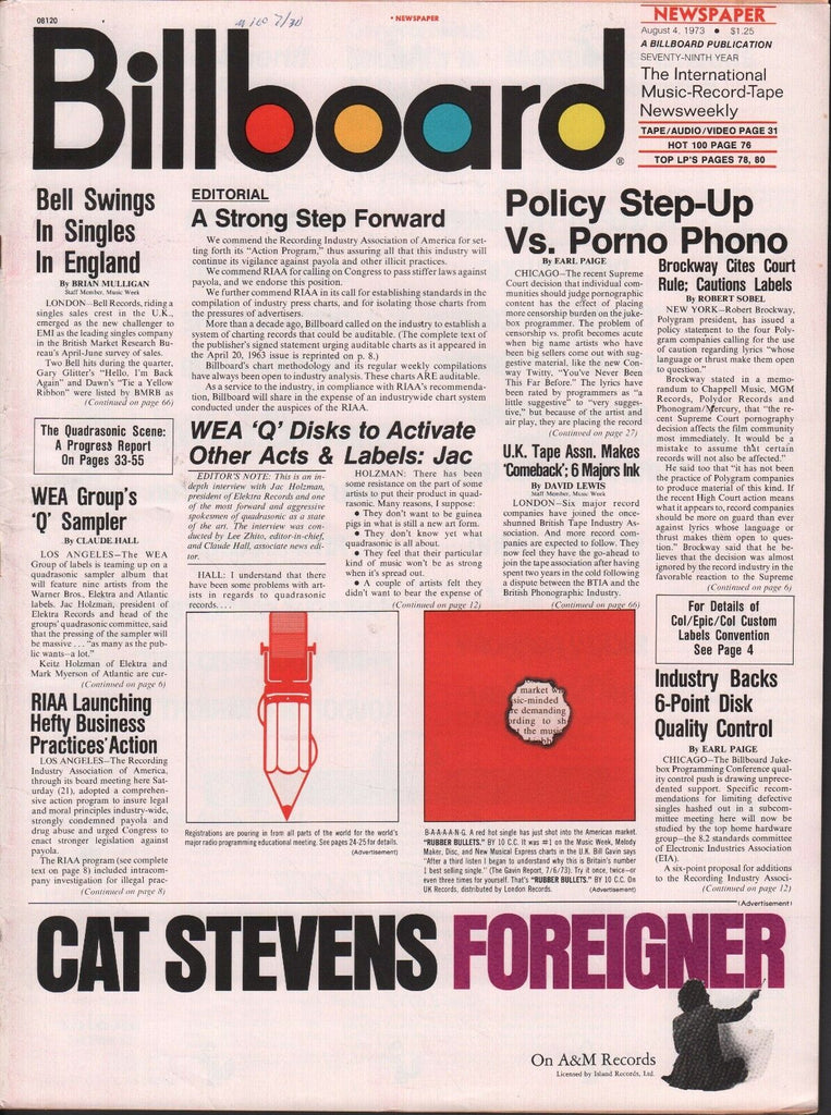 Billboard August 4 1973 Cat Stevens, 10 C.C, RIAA 062817nonDBE