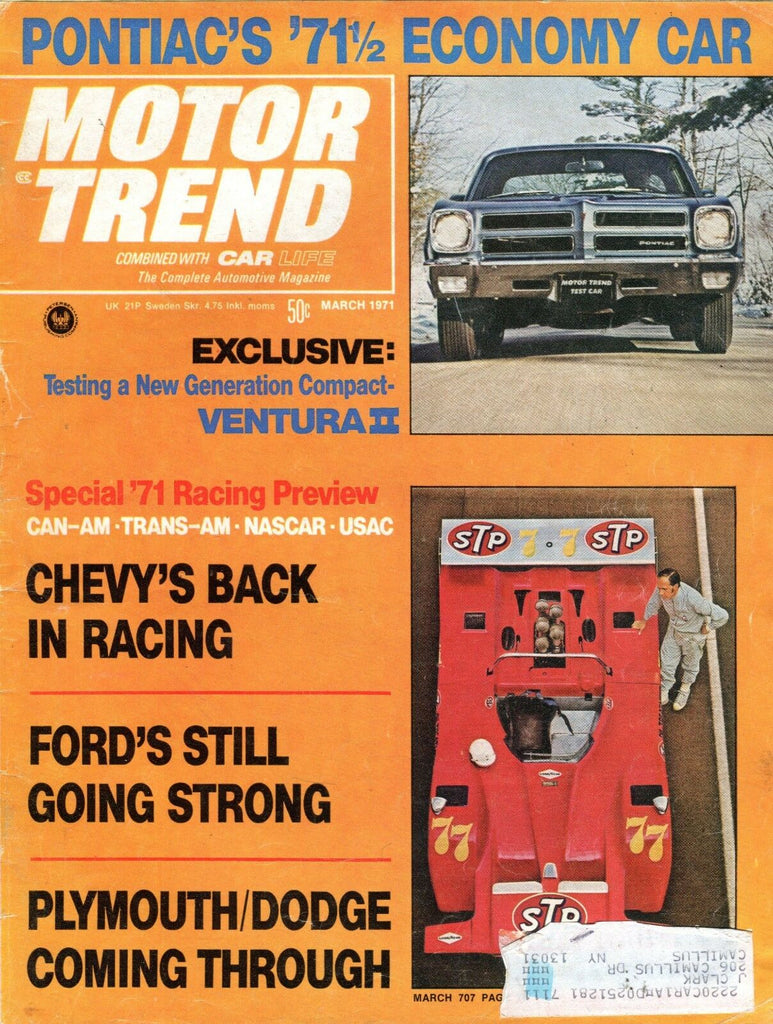 Motor Trend Magazine March 1971 Chevy Back In Racing VG w/ML 091916jhe